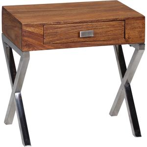 Nancy's Dupre Nachtkastje - Dressoir - Massief Hout - Sheesham - Lade - Bruin - Zilver - Industrieel - Chroom