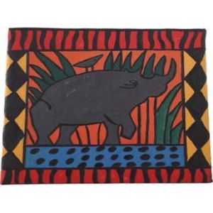 Jacqui's Arts & Designs - African design - handbeschilderd tegel - handbeschilderd op stof - kleurrijk - oranje - rood - keramische tegel - kinderkamer - neushoorn - Afrikaans geïnspireerd