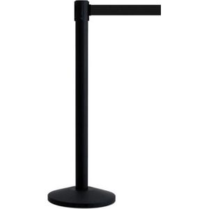 Afzetpaal in matzwart RVS met zwarte nylon riem van 230 cm. Afzetpaal van hoge kwaliteit