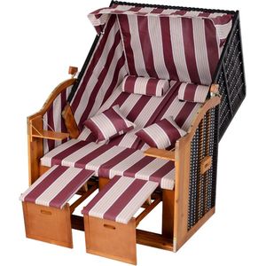 Medina Brent Strandstoel - Loungestoel - Ligstoel - Bekerhouders - Voetensteun - Overkapping - Verstelbare Rugleuning - Rotan - Rood - Wit - Metaal - Hout - 118 x 79 x 150 cm