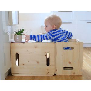Manine Montessori Set van 2 KubusStoeltjes - KinderStoel en/of Tafeltje - Groeit Mee - Massief Hout