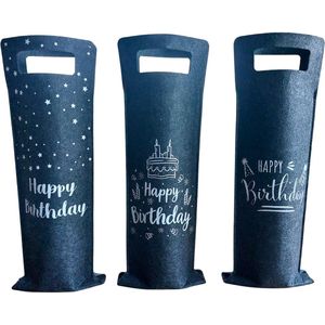 Wijntassen Happy Birthday - Set van 3 vilten wijntasjes - Wijntas vilt Verjaardag - Wijnzak- Geschenkzak wijn - Geschenktas wijnfles - Cadeauverpakking wijn - Cadeautas 3 stuks