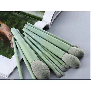 Natuurlijke Biologische Make-Up Kwasten 11/st, Synthetisch Haar, Prachtige Design, Super Zachte haren. (Olijf) Groen, geschikt voor foundation, poeder, oogschaduw en wenkbrauwen.