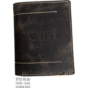 Wild Leather Only !!! Portemonnee Heren Buffelleer Zwart (WH-301-6) - 9,5X2,5X12cm - Staand Model-