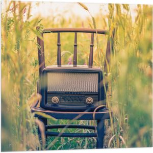 WallClassics - Vlag - Ouderwetse Radio op Stoel - 80x80 cm Foto op Polyester Vlag