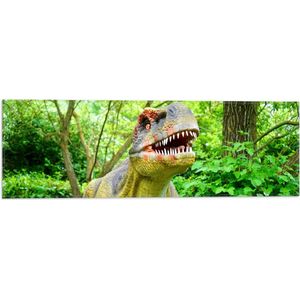 WallClassics - Vlag - Dinosaurus in het Bos - 60x20 cm Foto op Polyester Vlag
