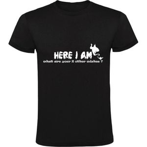 Here i am, what are your other 2 wishes Heren t-shirt | wensen | wens | versiertruc | Zwart