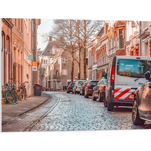 WallClassics - PVC Schuimplaat - Geparkeerde Auto's in Stadje - 80x60 cm Foto op PVC Schuimplaat (Met Ophangsysteem)