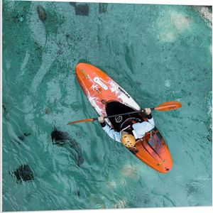 WallClassics - PVC Schuimplaat - Bovenaanzicht van Man in Kano op Oceaan - 80x80 cm Foto op PVC Schuimplaat (Met Ophangsysteem)
