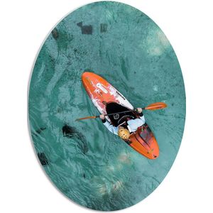 WallClassics - PVC Schuimplaat Ovaal - Bovenaanzicht van Man in Kano op Oceaan - 51x68 cm Foto op Ovaal  (Met Ophangsysteem)