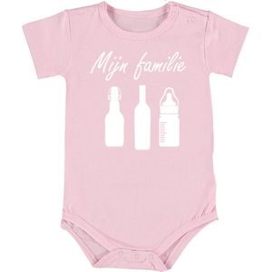 Mijn familie | Meisje Baby Romper 74/80 | Roze | Flessen | Drinken | Melk | Wijn | Bier