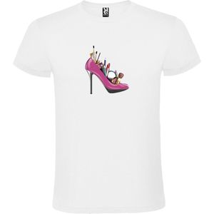 Wit t-shirt met Grote pump/hoge hak gevuld met Make-Up print size S