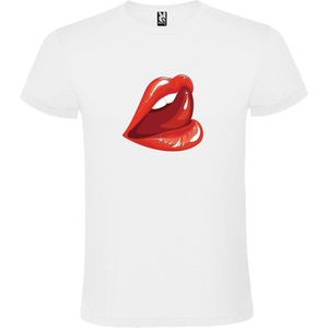 Wit t-shirt met Rode Glanzende Lippen met tong groot size XS