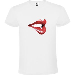 Wit t-shirt met Rode Glanzende Lippen groot size XS