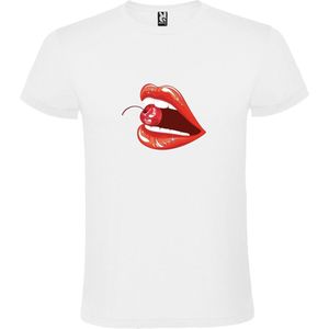 Wit t-shirt met Rode Glanzende mond met Kers groot size XL