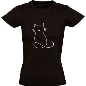 Kat | Dames T-shirt | Zwart | Cat | Kitten | Poes | Tekening | Dierendag | Huisdier