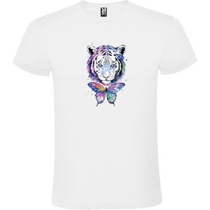 Wit t-shirt met grote print 'prachtige Tijger en Vlinder in pasteltinten' size XS