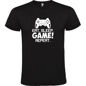 Zwart t-shirt met tekst 'EAT SLEEP GAME REPEAT' print Wit size XS