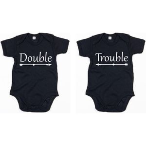 Baby Romper set Double Trouble 0-3 maand - Zwart - Rompertjes baby met tekst - Rompertjes voor tweeling