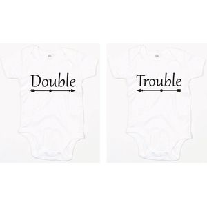 Baby Romper set Double Trouble 6-12 maand - Wit - Rompertjes baby met tekst - Rompertjes voor tweeling