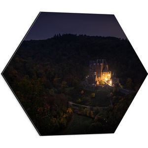WallClassics - Dibond Hexagon - Kasteel Omrignd met Bergen - 50x43.5 cm Foto op Hexagon (Met Ophangsysteem)