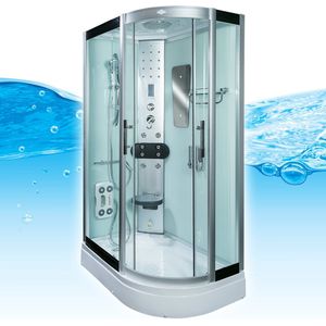Stoomcabine 120X80X215 Palma. Luxe Stoomdouche, THERMOSTAATKRAAN, RECHTS, Kit-Vrij, Wit, Veiligheidsglas, LED, Radio, Speakers, Zitje, Massage, Hoekmodel, Kwartrond, Schuifdeuren, Douchebak, Afvoer, Sifon, A Kwaliteit, Full Options. Royal Sanitair