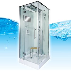 Stoomcabine 90X90X215 Monza. Luxe Stoomdouche, MENGKRAAN Uitvoering, Kit-Vrij, Wit, Veiligheidsglas, LED, Radio, Speakers, Massage, Hoekmodel, Vierkant, Scharnierdeur, Douchebak, Afvoer, Sifon, A Kwaliteit, Full Options. Royal Sanitair