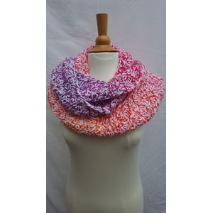 Colsjaal in roze, paars, lila, oranje en wit met hele kleine lovertjes gehaakte sjaal / warme tunnelsjaal