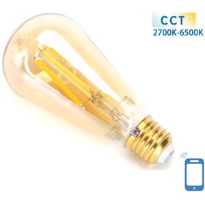 Kooldraadlamp E27 6W WiFi + Bluetooth CCT 2700K-6500K | Smartlamp ST64 - warmwit - daglichtwit LED filament ~ 806 Lumen - amber glas - 230 Volt