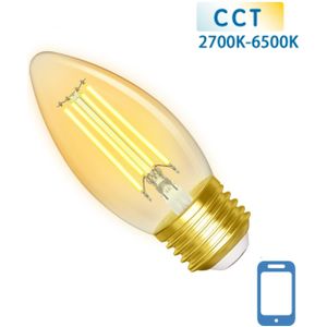Kaarslamp E27 4.5W WiFi + Bluetooth CCT 2700K-6500K | Smartlamp C35 - warmwit - daglichtwit filament LED ~ 470 Lumen - amber glas - 230 Volt