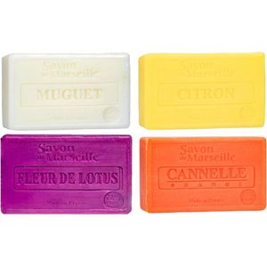 Set Marseille zeep 4 x 100 gram in geuren lelietjes van dalen-citroen-lotusbloem-kaneel