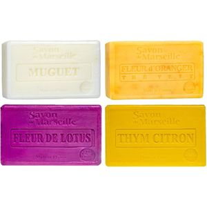 Set Marseille zeep 4 x 100 gram in geuren lelietjes van dalen-sinaasappelbloem-lotusbloem-thym citroen