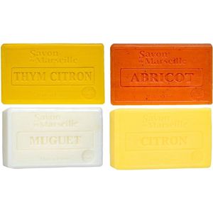 Set Marseille zeep 4 x 100 gram in geuren thym citroen-abrikoos-lelietjes van dalen-citroen