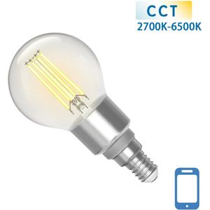 Kogellamp E14 4.5W WiFi + Bluetooth CCT 2700K-6500K | Smartlamp G45 - warmwit - daglichtwit filament LED ~ 470 Lumen - helder glas - 230 Volt