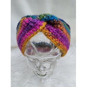 Handgemaakte haarband / hoofdband / oorwarmer in paars, roze, blauw, geel, groen met glinsterdraad gehaakt
