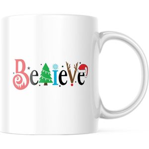 Kerst Mok met tekst: Believe | Kerst Decoratie | Kerst Versiering | Grappige Cadeaus | Koffiemok | Koffiebeker | Theemok | Theebeker