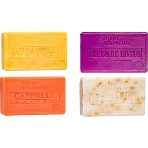 Set Marseille zeep 4 x 100 gram in geuren Sinaasappelbloem-lotusbloem-kaneel-roosmarijn