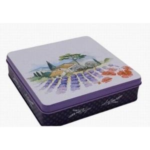 Metalen vierkant zeep blik Vue Provence met 4 zachte palmolievrije zepen vanille-menthol-lelietjes van dalen-citrus - Vintage voorraadblik - Franse handzeep - Marseille zeep Marseillezeep