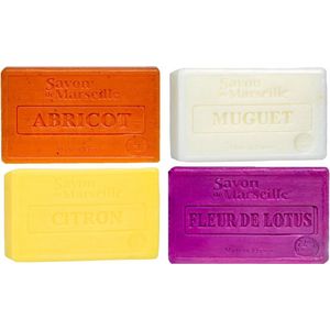Set Marseille zeep 4 x 100 gram in geuren abrikoos-lelietjes van dalen- citroen- lotusbloem