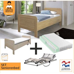 Compleet elektrische set ledikant seniorenbed 90x200 cm eiken + 42-lats Elektrisch Verstelbaar + Champ - 7 Zone Pocket 300 matras - 90x200 cm
