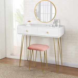 Luxury Buy® kaptafel- make-up tafel-gevoerde fluwelen kruk- ronde spiegel- met 2 laden- wit-goud