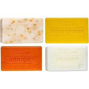 Set Marseille zeep 4x100 gram in geuren roosmarijn-thym citroen- abrikoos- lelietjes van dalen