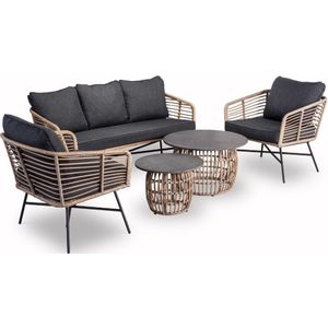 BUITEN living Flow stoel-bank loungeset 5-delig | wicker + aluminium | betonlook tafels | bamboe antraciet | 5 personen