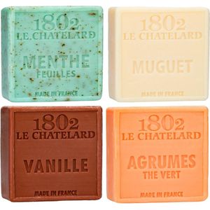 Set Marseille zeep 4 x 100 gram zonder palmolie in geuren menthol-lelietjes van dalen-vanille-citrus groene thee