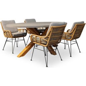 BUITEN living Livorno/Carlos taupe dining tuinset 5-delig | betonlook  hardhout | ovaal | 200x110cm