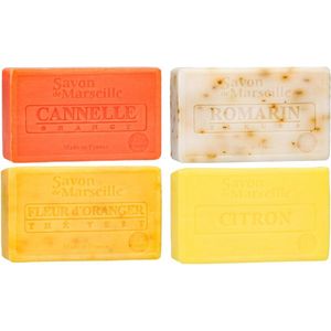Set Marseille zeep 4 x 100 gram in geuren kaneel-roosmarijn-sinaasappelbloem-citroen