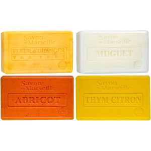 Set Marseille zeep 4 x 100 gram in geuren sinaasappelbloem-lelietjes van dalen-abrikoos-thym citroen
