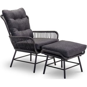 BUITEN living Dex loungestoel tuin incl. voetenbank | wicker + aluminium | charcoal (donkergrijs/antractiet)