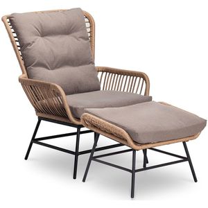 BUITEN living Dex loungestoel tuin met voetenbank | wicker + aluminium | bamboe taupe