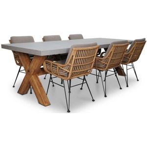 BUITEN living Norwich/Carlos taupe dining tuinset 7-delig | betonlook + hardhout | 250cm | 6 personen